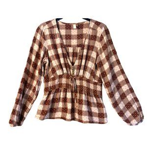 Anthropologie Pilcro Women's Red Pink Plaid V Neck Blouse Sz Small Ruched Waist
